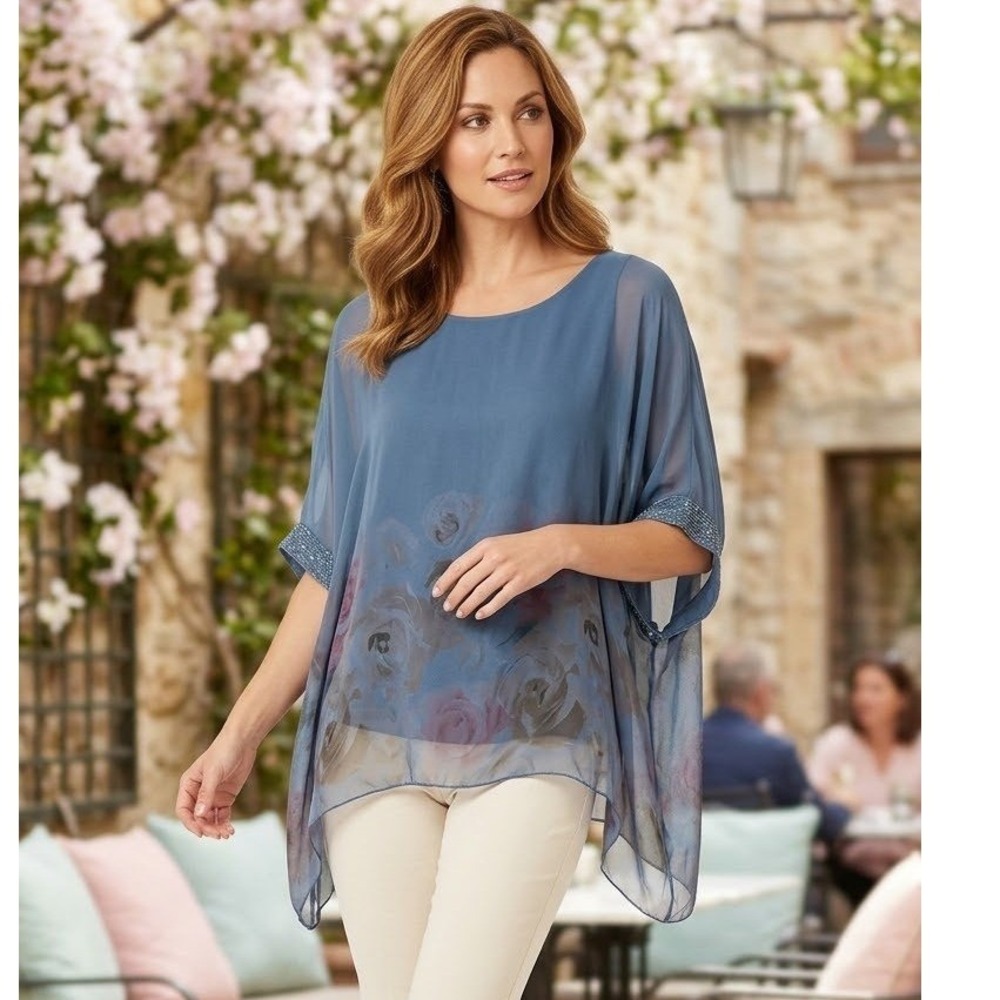 Tempo Paris Silk Blend Floral Poncho Top Blue Sequin Trim Made in Italy Small